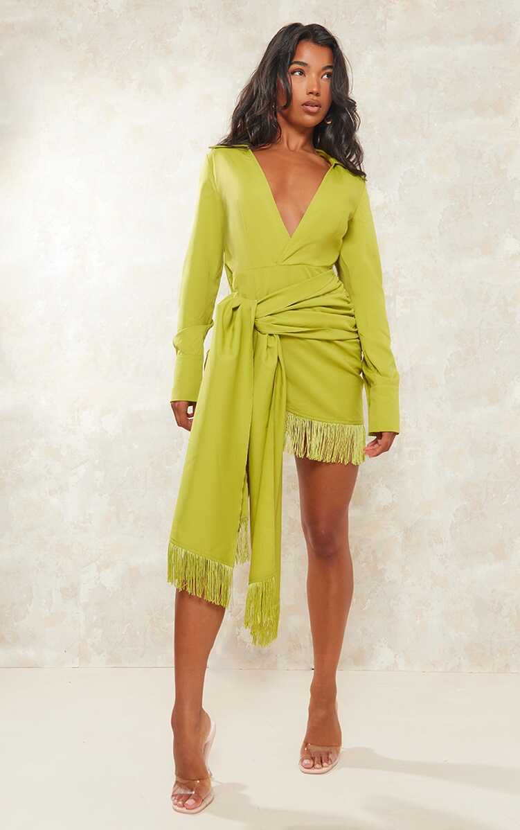 Lime Green Tassel Detail Long Sleeve Shift Dress ...