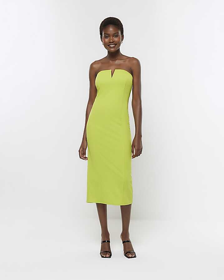 Lime green bandeau bodycon midi dress | River Island