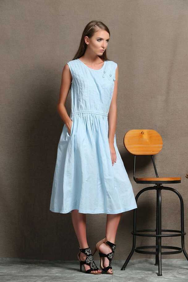 Linen Dress, Blue Dress, Plus Size Dress, Casual Dress, Powder ...