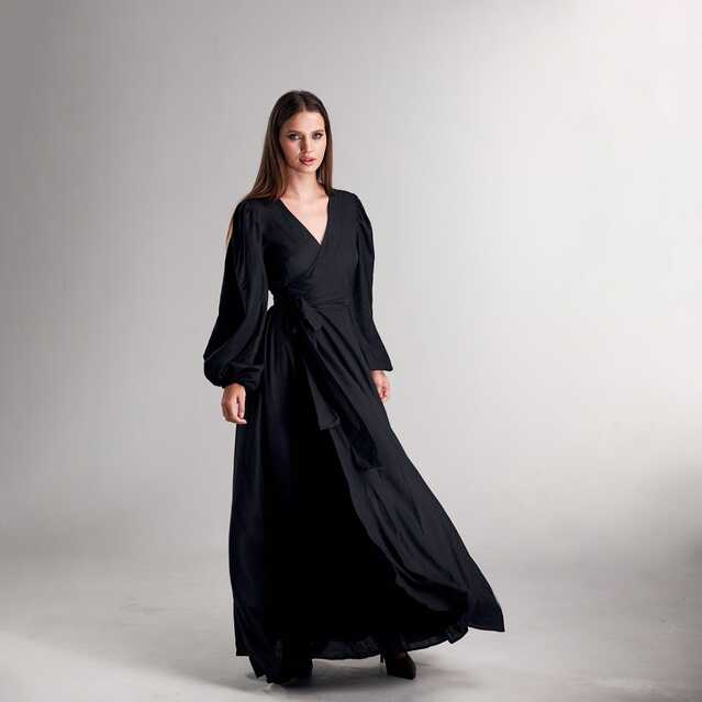 Linen Evening Black Dress, Linen Long Dress, Wrap Dress Maxi, V ...