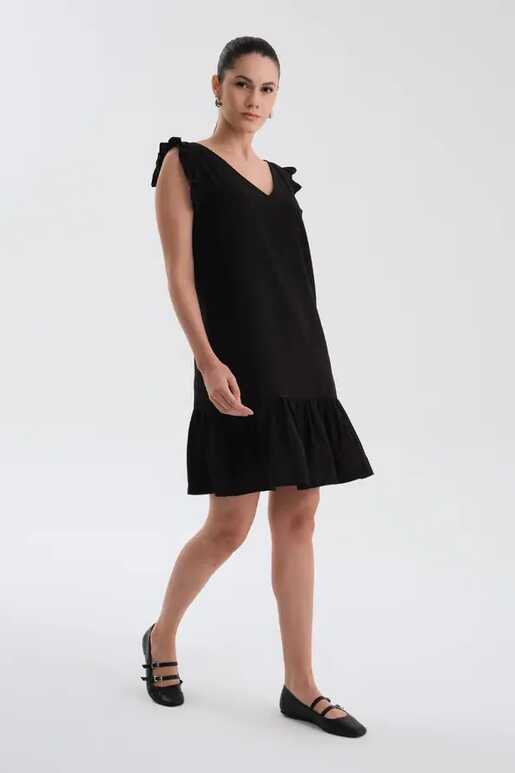 Linen V-Neck Ruffle Sleeve Dress - Black | Dress