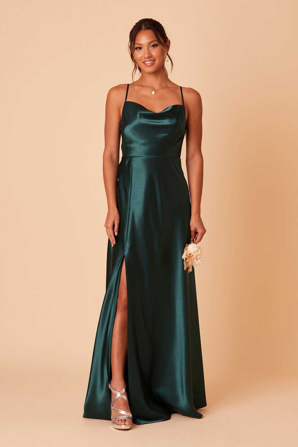 Lisa Long Satin Bridesmaid Dress in Emerald | Birdy Grey