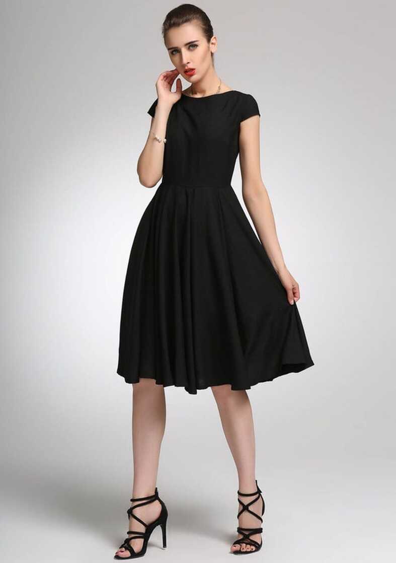 Little Black Dress, Knee Length Swing Dress, Cap Sleeve Modest ...