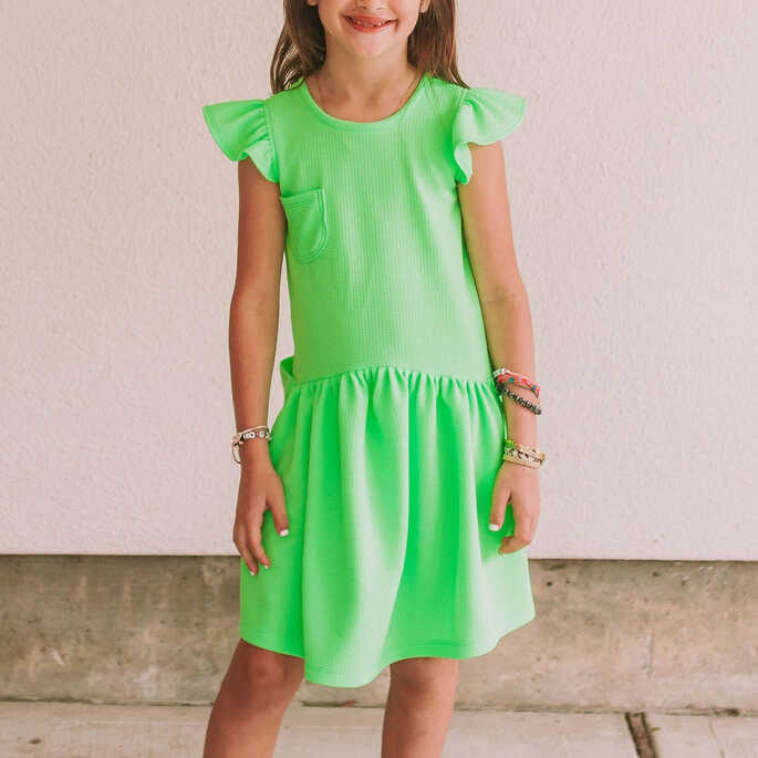 Little Girl&#39;s Neon Green Bullet Knit Cotton Three Pocket Dress ...