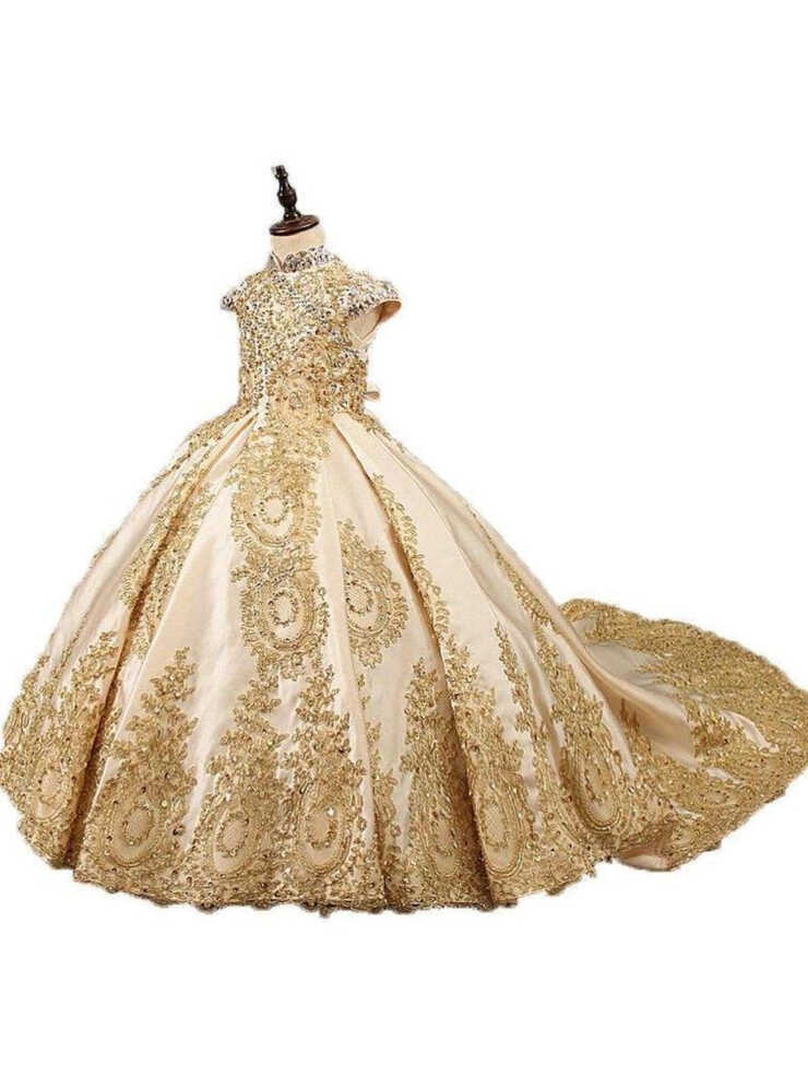 Little Girls Formal Gowns | Gold Sequin Satin Lace Beaded Ball ...