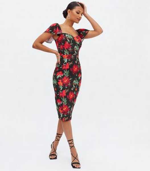 Little Mistress Black Floral Sweetheart Midi Bodycon Dress | New Look