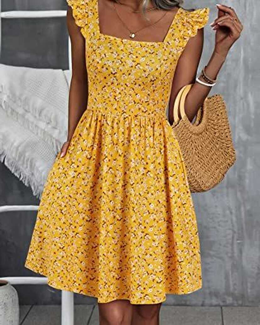 Loemes Summer Casual Cute Floral Flowy Square Neck Sundressses ...