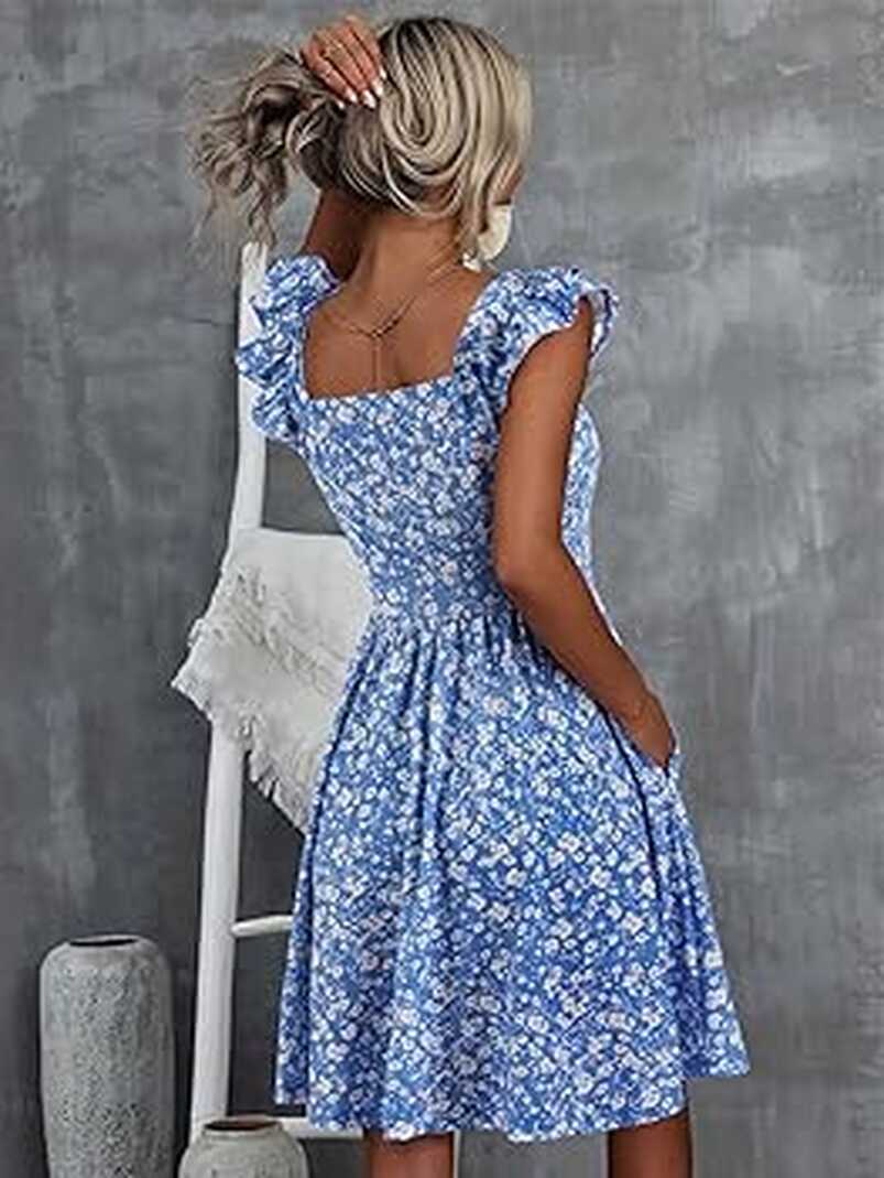 Loemes Sun Dresses Women Summer Casual 2023 Floral Light Blue ...