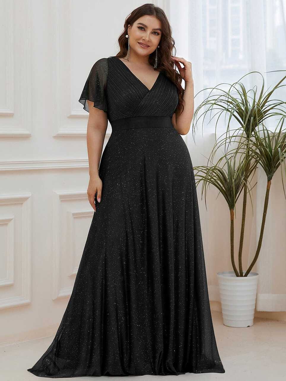 Lois flutter sleeve v neck glittering formal dress in black s22 Expres