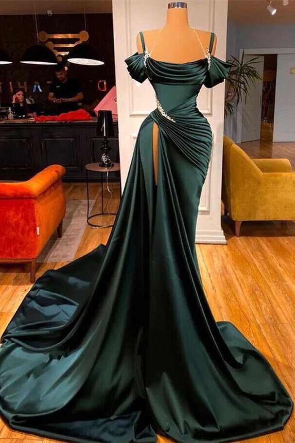 Long, off shoulder emerald green prom dress with tail, size 6 ...