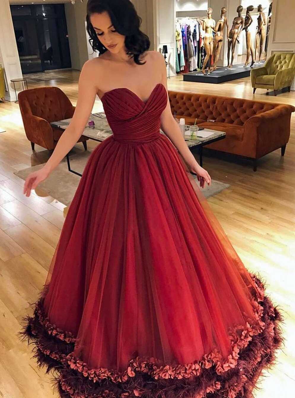 Long A-Line Backless Red Prom Ball Gown, Sweet Heart Tulle ...