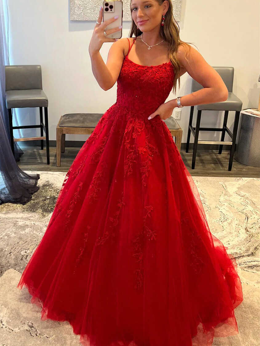 Long A-line Tulle Lace Backless Prom Dresses Red Formal Evening ...