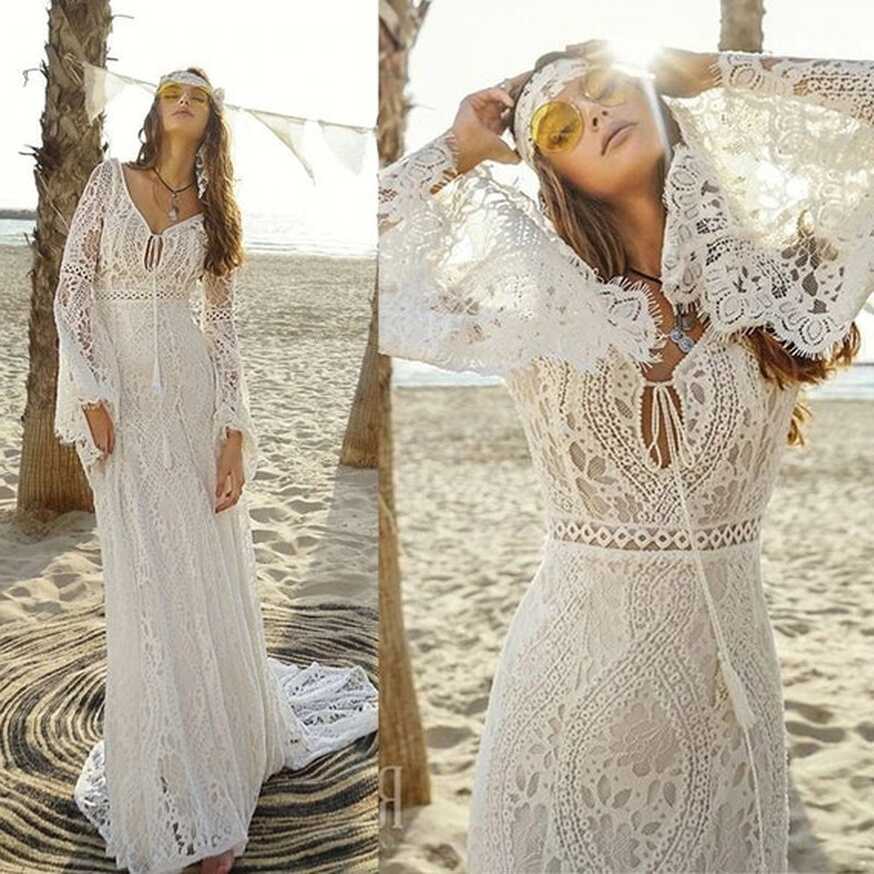 Long Bell Sleeves Gypsy Bohemian Lace Wedding Dresses V Neck Beach ...