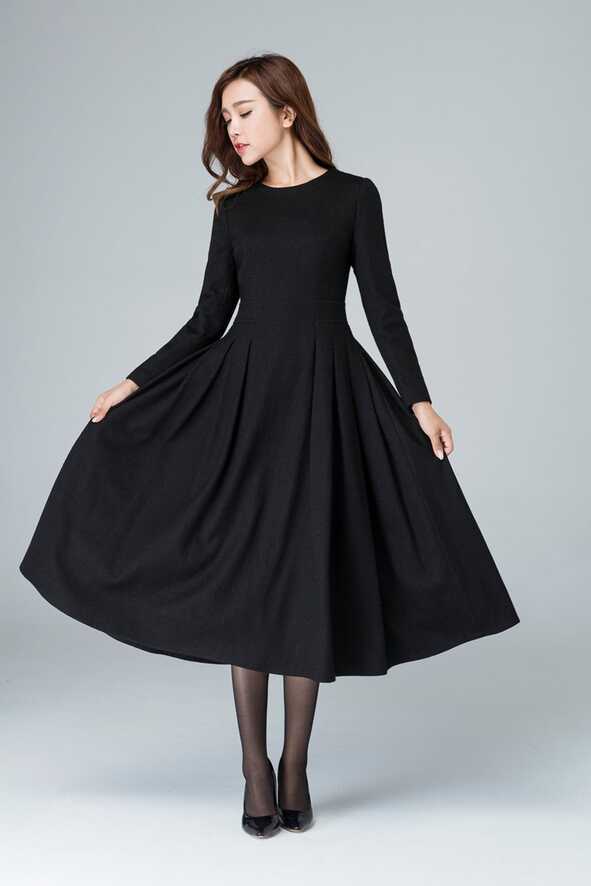 Long Black Dress, Wool Dress, Winter Dress, Long Women Dresses ...