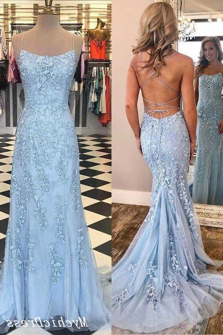 Long Blue Lace Prom Dresses 2024 Mermaid Cross Back Evening Gown ...