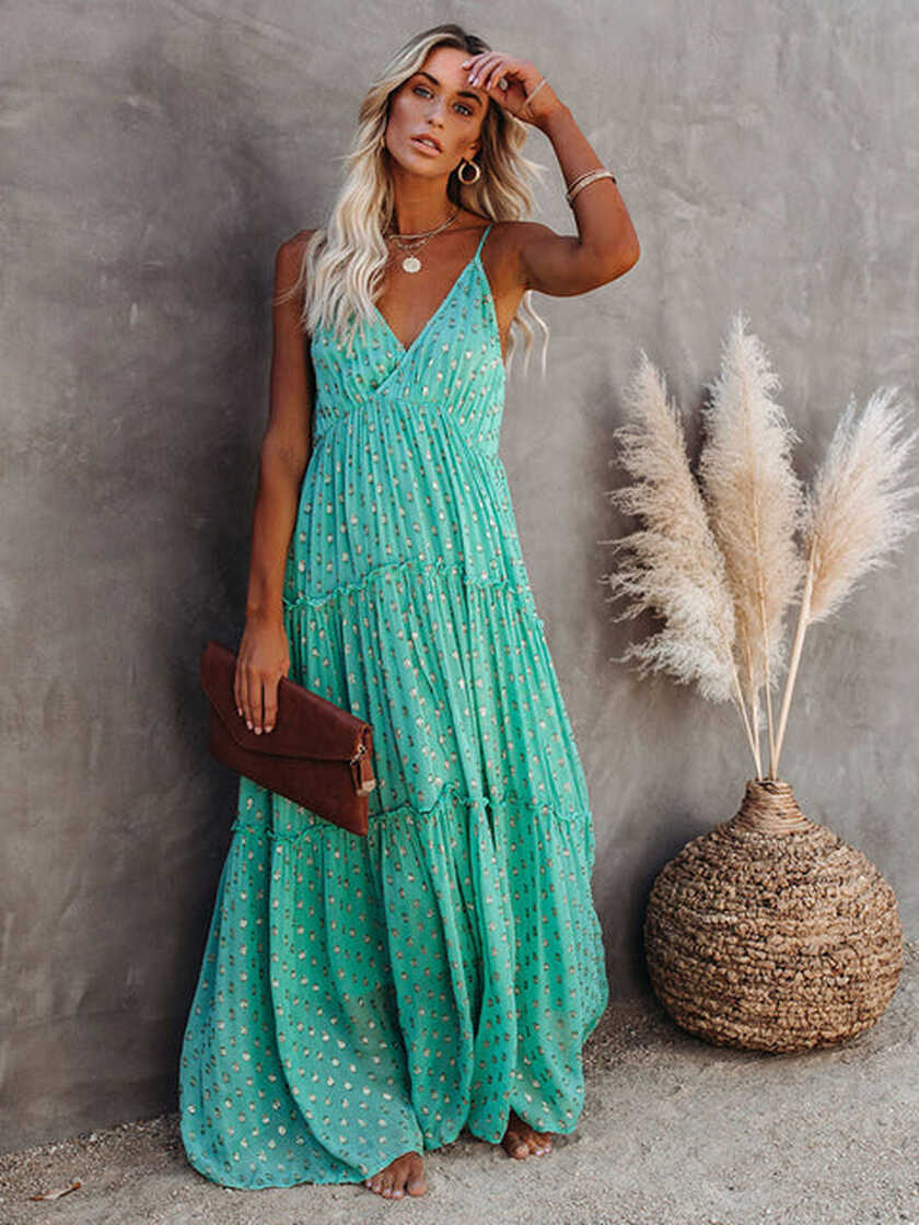 Long Boho Beach Dress Print Sleeveless V Neck – ML Elegance