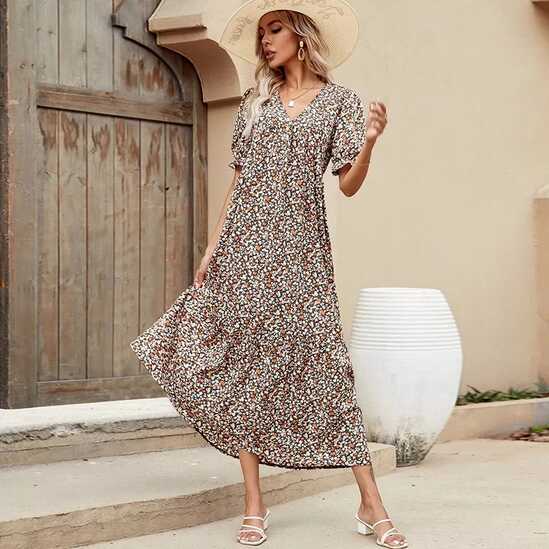 Long Dresses Women Elegant Floral Printed Dress Short Sleeves Thin ...