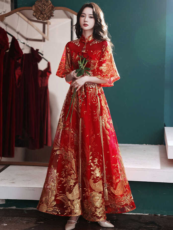 Long Embroidered Modern Chinese Wedding Dress - Weqipao