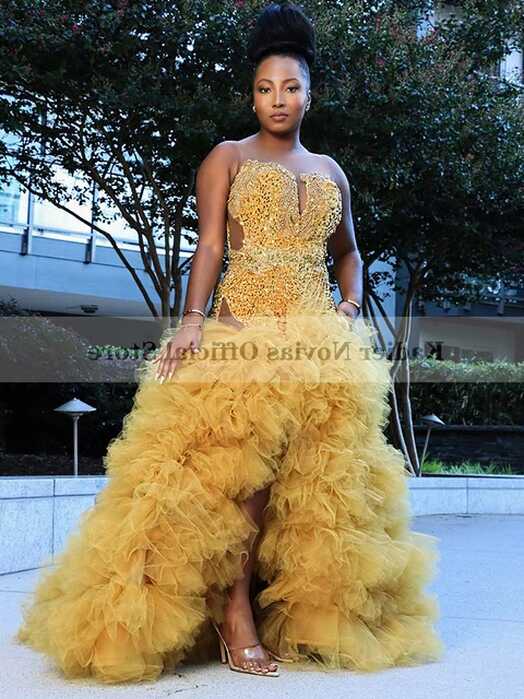 Long Golden Backless Prom Dresses 2023 for Black Girl Ruffled ...