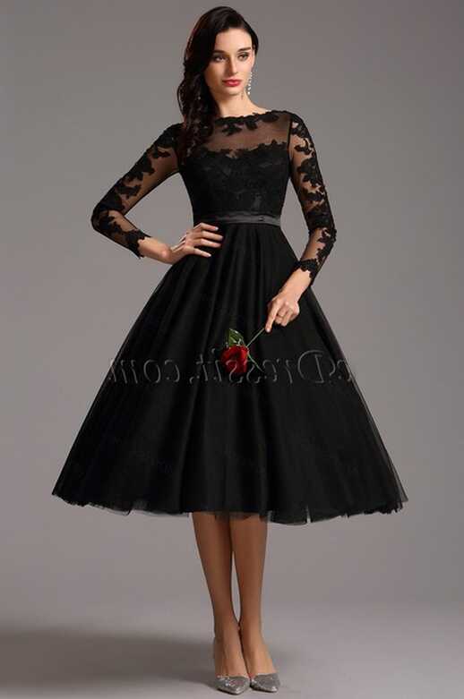 Long Lace Sleeves Tea Length Black Cocktail Dress (04161300 ...