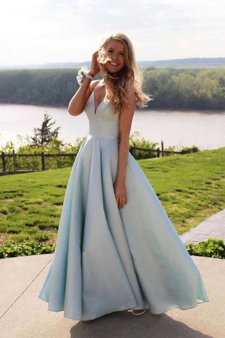 Long Light Blue Prom Dress with Pocket – misaislestyle