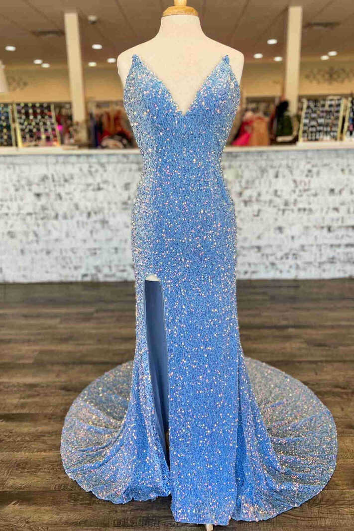 Long Light Blue V-Neck Iridescent Prom Dresses 2024 Sequins Cheap ...