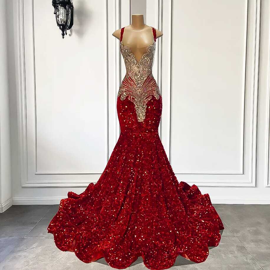 Long Mermaid Prom Dress 2024 | Luxury Crystals Dark Red Sequin ...