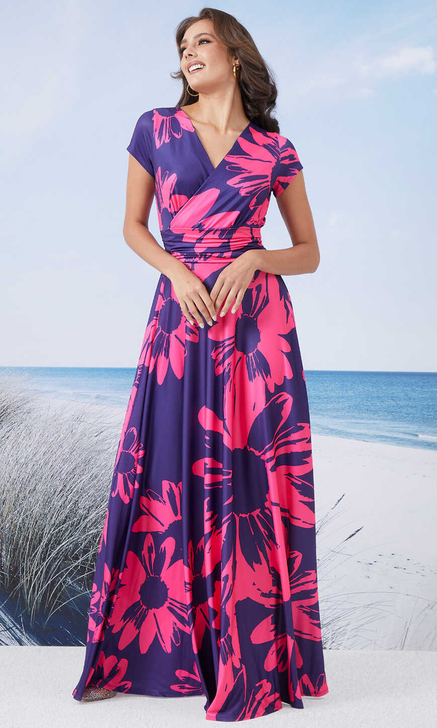 Long Modest Print Short Cap Sleeve Summer Maxi Dress Gown ...