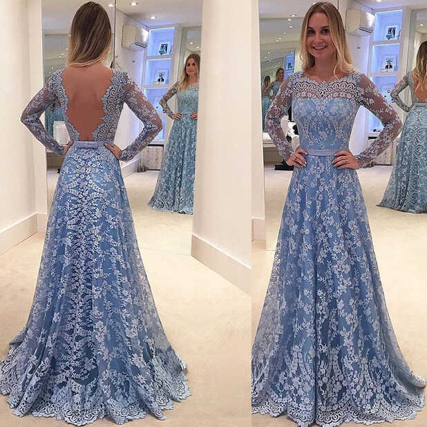 Long Prom Dress, Long Sleeve Prom Dress, Lace Prom Dress, A-Line ...