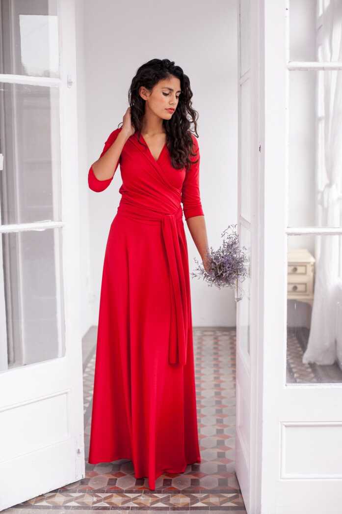 Long Red Dress, Long Wrap Dress, Red 3/4 Sleeve Gown, Red Long ...