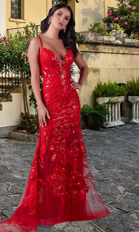 Long Red Lace Mermaid Prom Dress - PromGirl