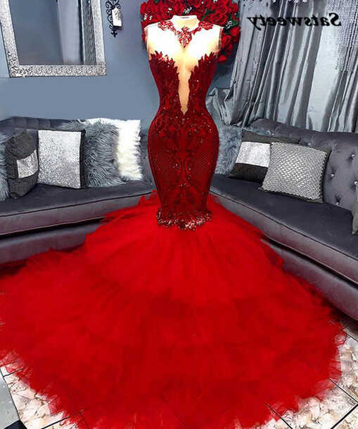 Long Red Prom Dresses 2022 Elegant Mermaid Ruffles Tulle African ...