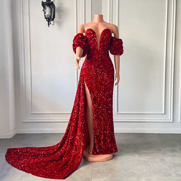 Long Red Prom Dresses 2023 Off The Shoulder Sexy High Slit ...