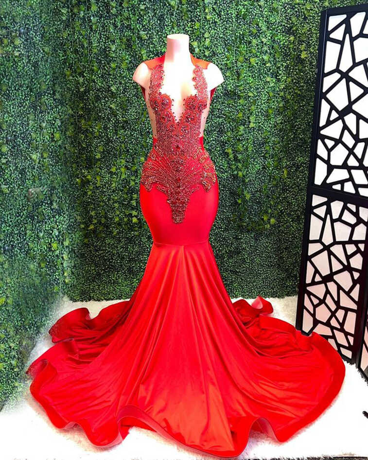 Long Red Prom Dresses 2023 Sexy Mermaid Style Sheer O-neck Luxury ...