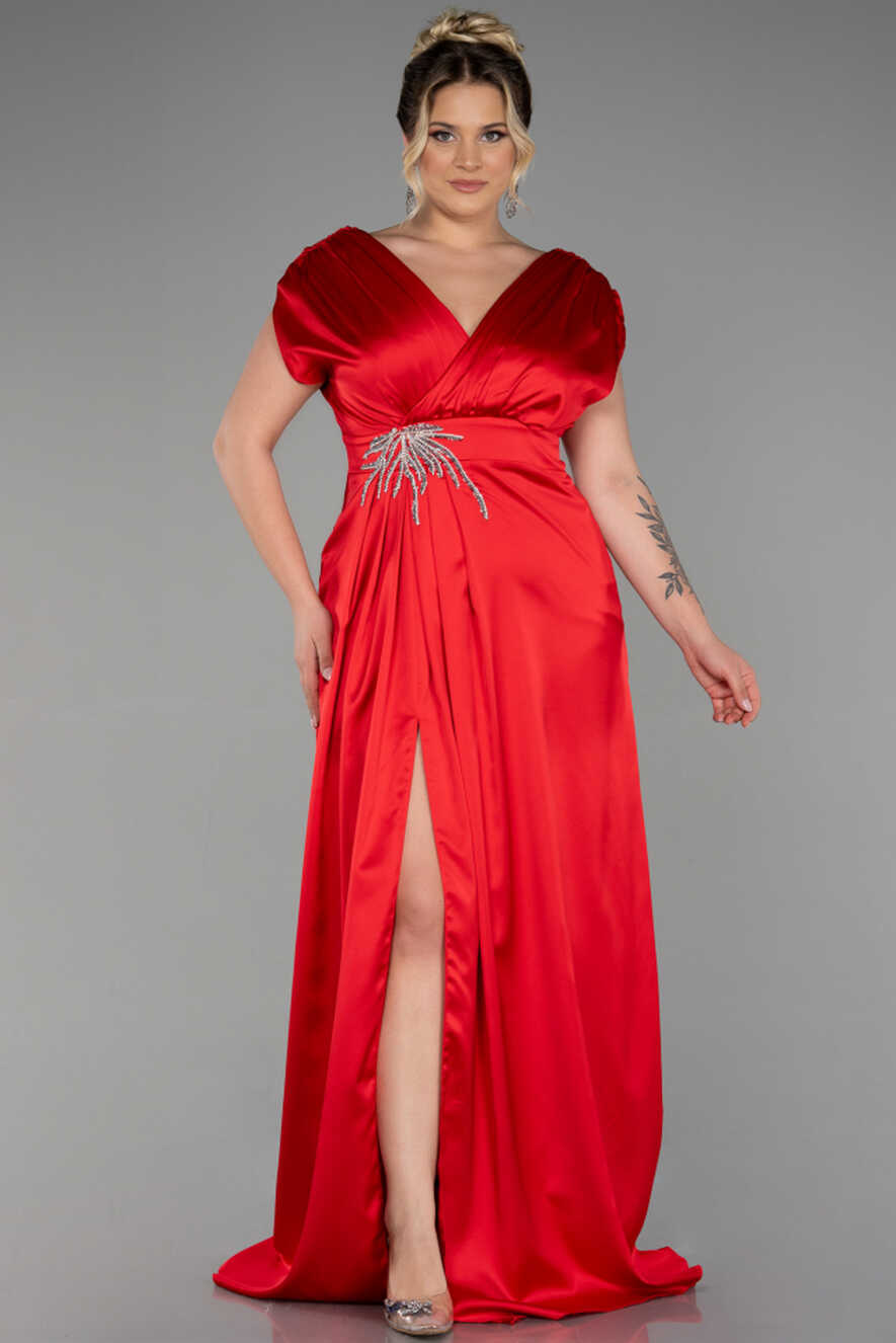 Long Red Satin Plus Size Engagement Dress ABU3433 | Abiyefon.com