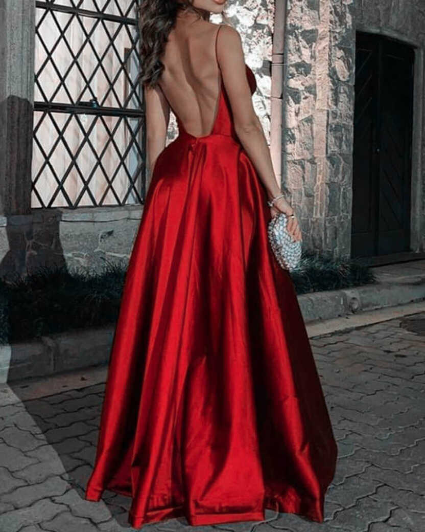 Long Red V-neck Open Back Satin Dress – Lisposa