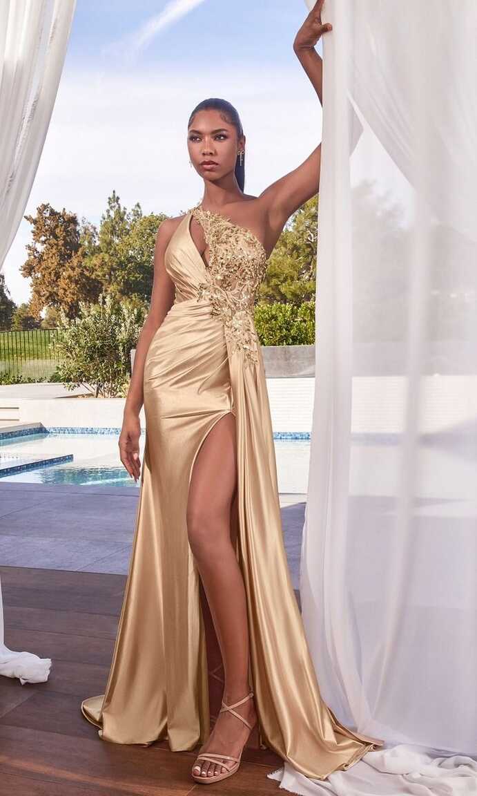 Long Satin Prom Dress with Keyhole Cut Out - PromGirl