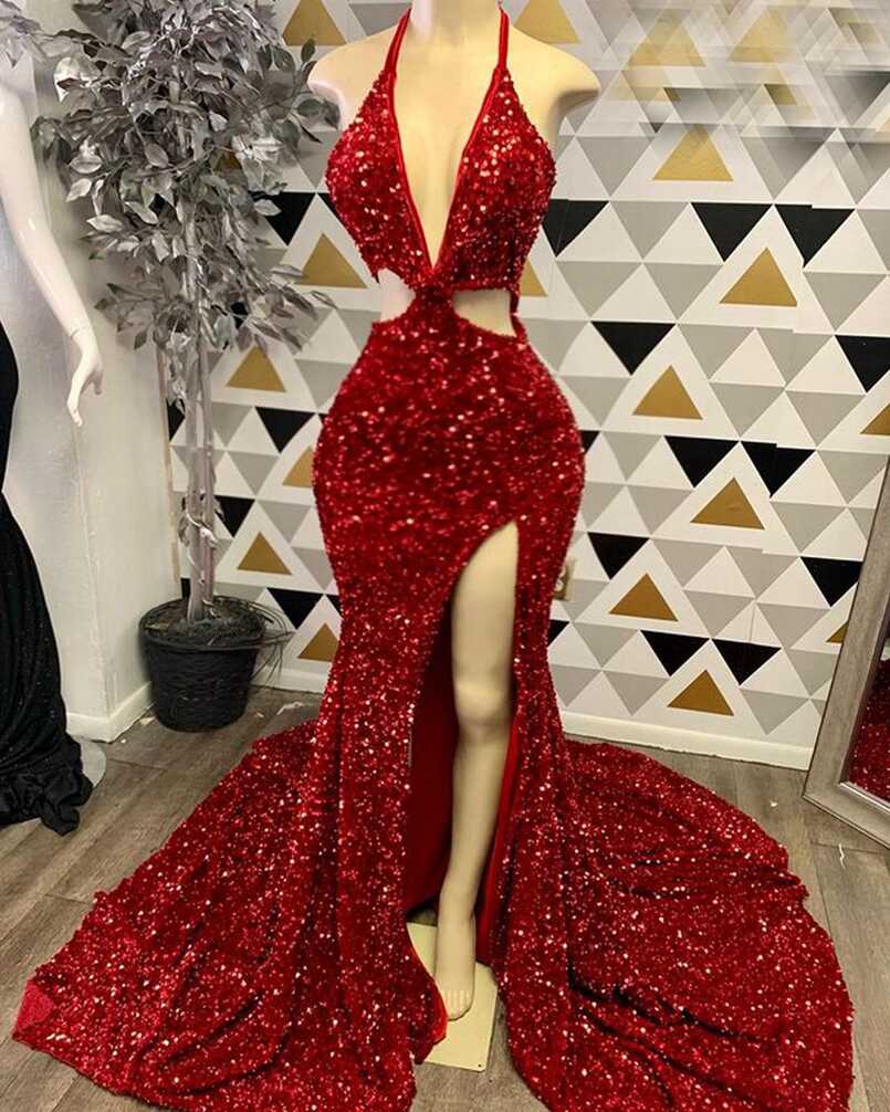 Long Sexy Prom Dresses 2022 Mermaid High Slit Halter Sparkly Red ...