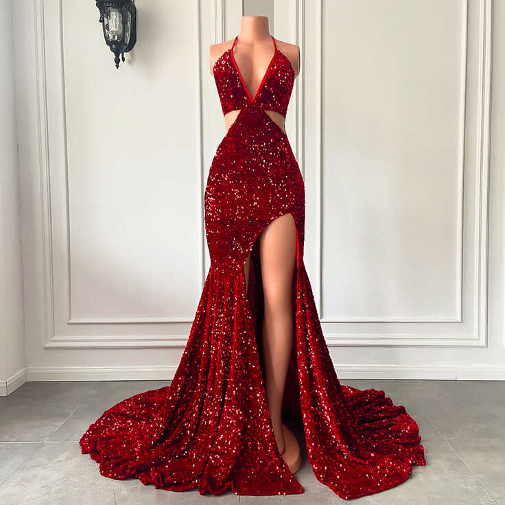 Long Sexy Prom Dresses 2023 Mermaid High Slit Halter Sparkly Red ...