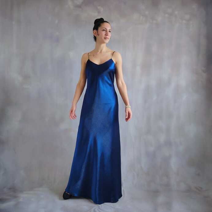 Long Shiny Blue Slip Dress, Metallic Blue Satin Slip Dress ...