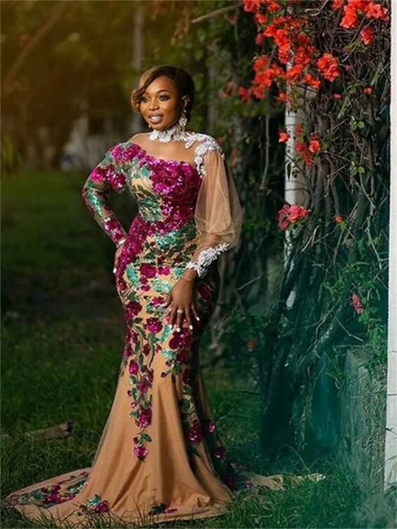 Long Sleeve African Aso Ebi Embroidered Evening Gown For Black ...