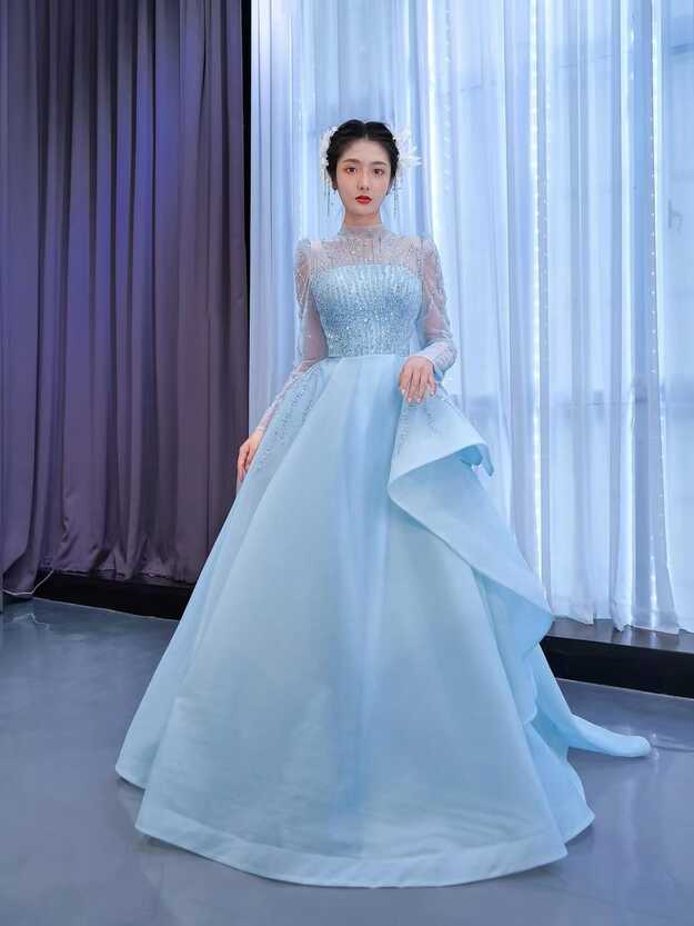 Long Sleeve Baby Blue Ball Gown High Neck Beaded Prom Dress 67392 ...