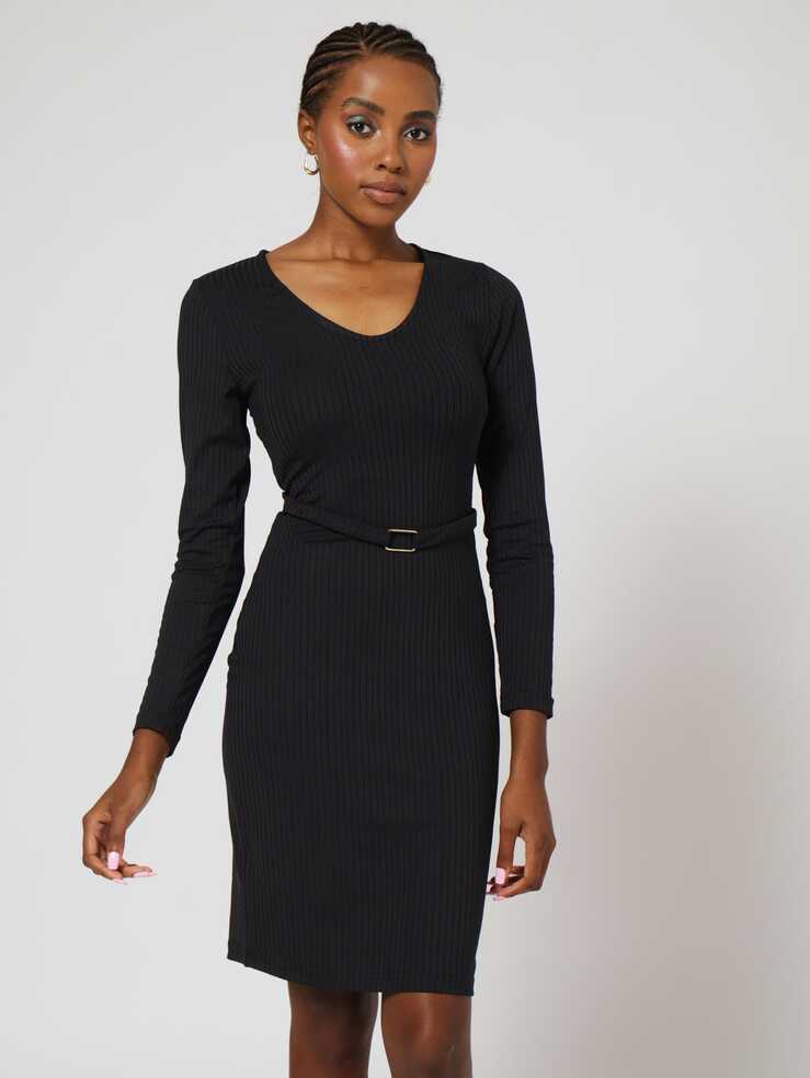 Long Sleeve Belted Trim Short Bodycon Dress - Black – LEGiT