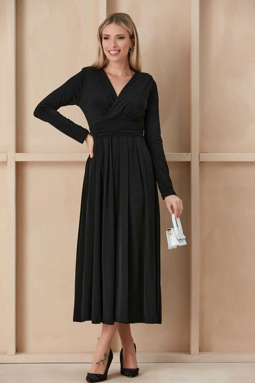 Long Sleeve Black Wrap Over Midi Dress – Experience Boutique