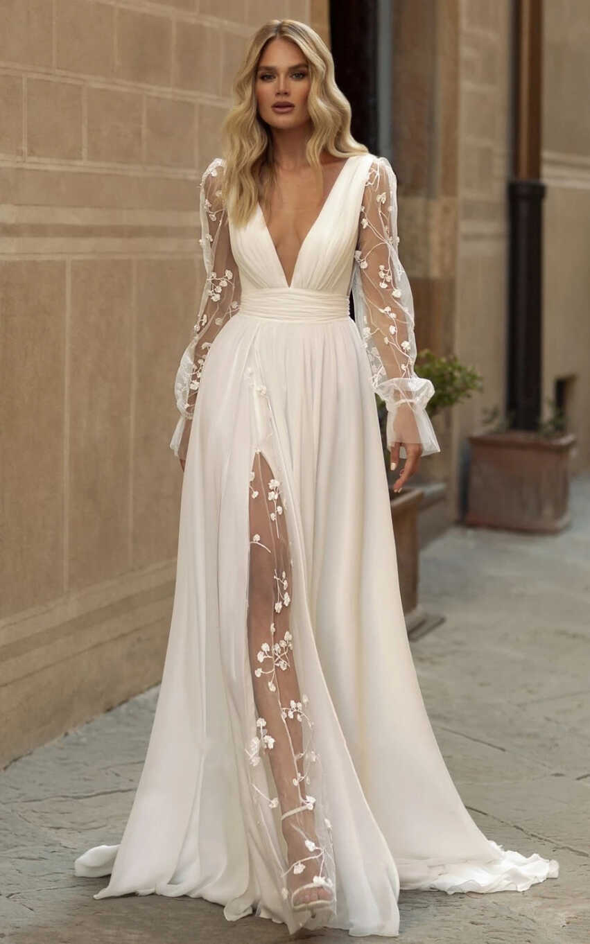 Long Sleeve Boho Flowy Wedding Dress Lace A-Line V-Neck Beach Gown ...