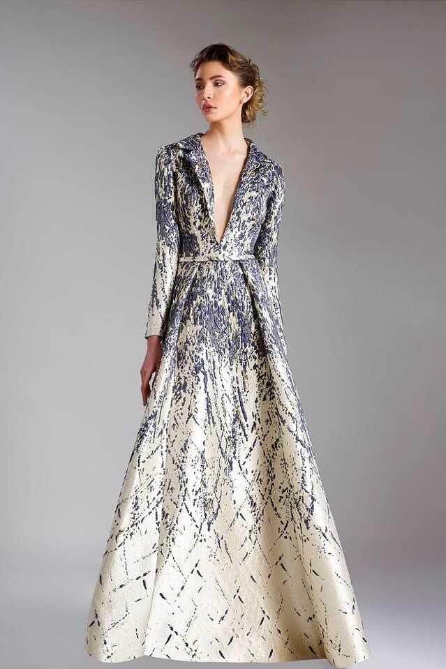 Long Sleeve Brocade Evening Gown - District 5 Boutique