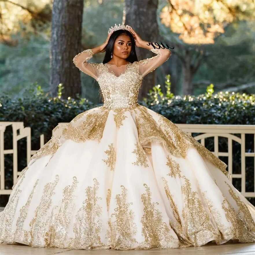 Long Sleeve Champagne Gold Ball Gown For Winter Wonderland ...