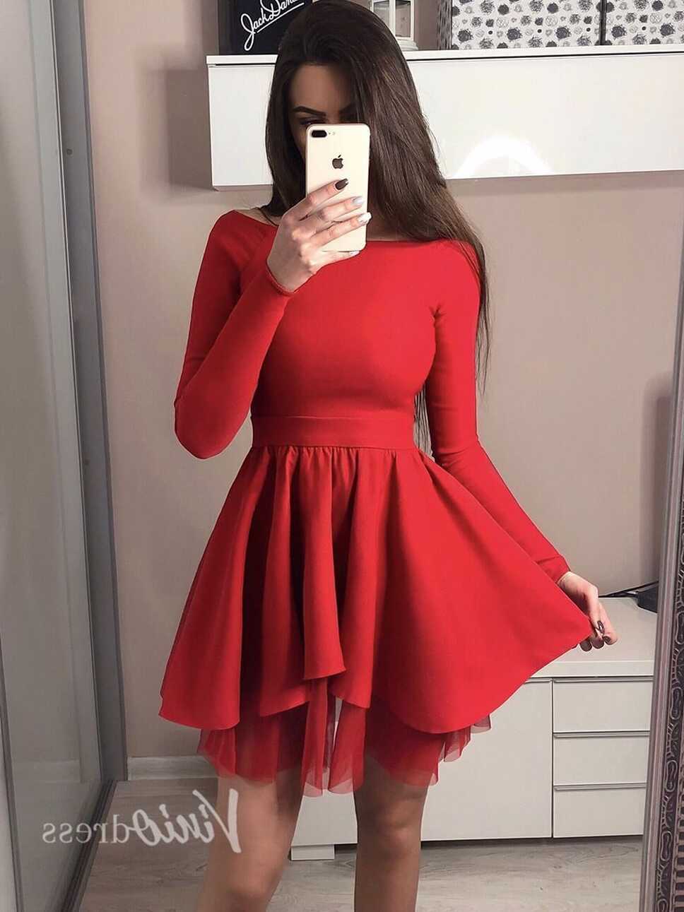 Long Sleeve Chic Short Party Dress Red Homecoming Dresses FD1299 ...