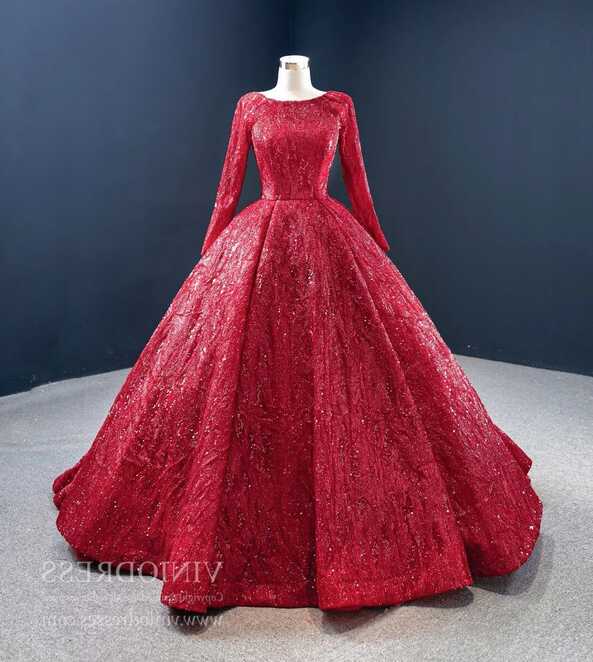 Long Sleeve Dark Red Ball Gown Prom Dresses Sparkly Quinceanera ...