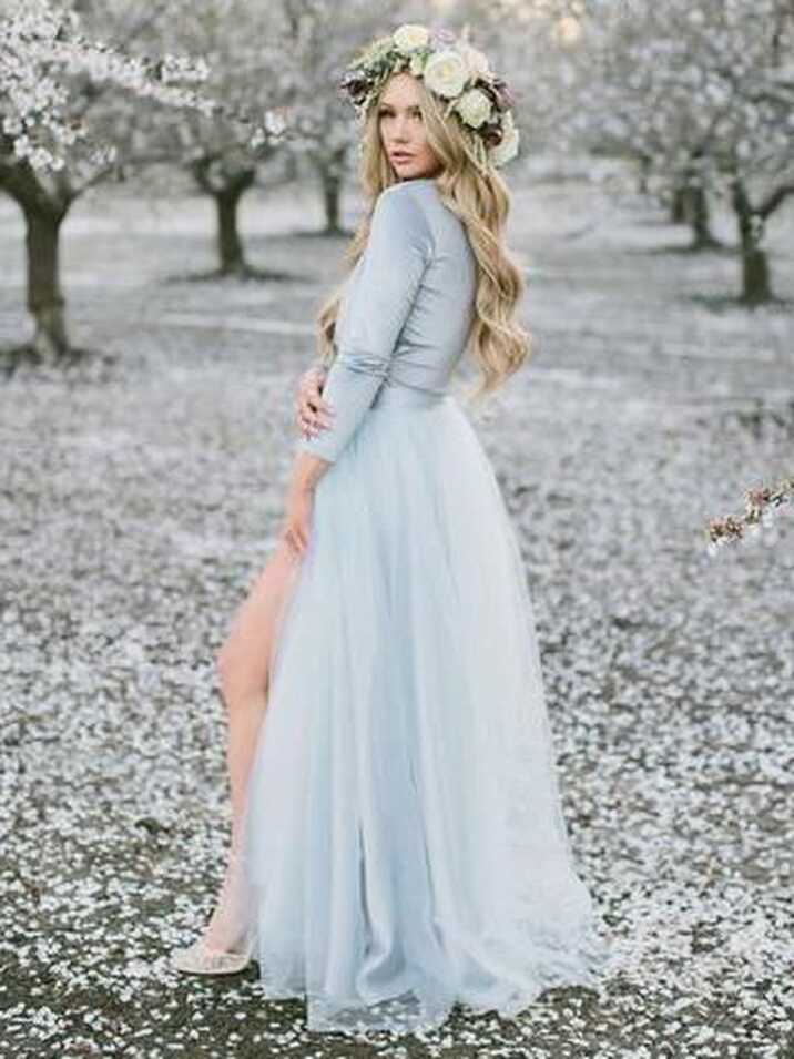 Long Sleeve Dusty Blue Wedding Dresses With Slit V Neck Velvet ...